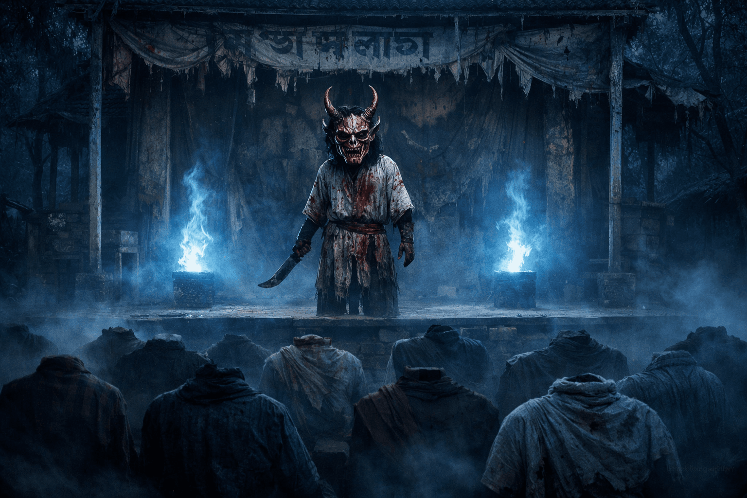 রক্তাক্ত কাঠের মুখোশ ও যাত্রাপালা - কাল্পনিক চিত্র